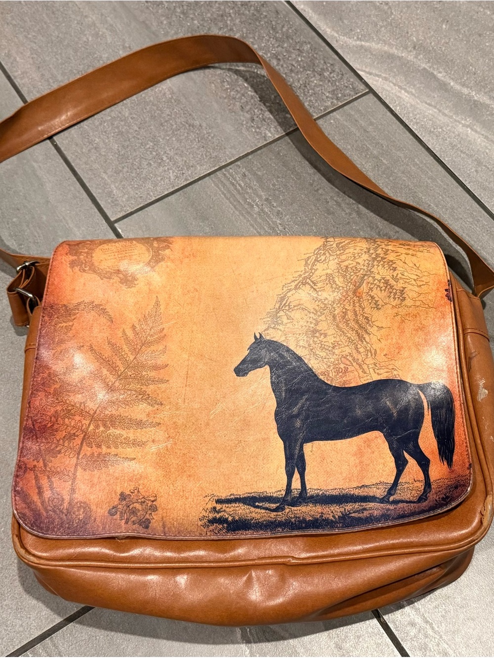 Brown Faux Leather Messenger Bag with Horse Print